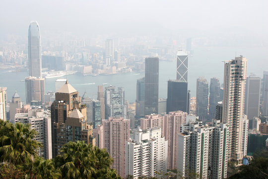Hazy hong kong central business district in a foggy winter