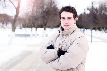 Close-up  guy street jacket outdoors  winter, idea concept  happy confident person, fashion lifestyle, walk weekend