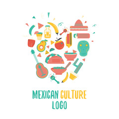 Mexican food  logo in heart shape for emblems and badges.  Sombrero and tequila bottle, guitar element, vector illustration. Mexican food vector logo design