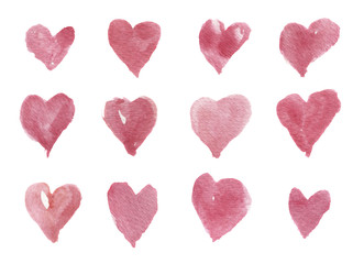 Watercolor hand-drawn hearts for design, background and textile. Artistic isolated illustration.