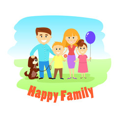 Happy family of four and dog, posing together, vector illustration