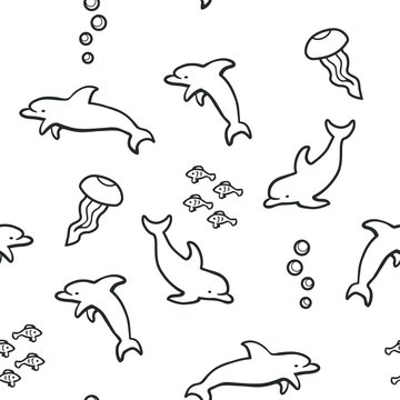 Seamless uncolored background with dolphins on white