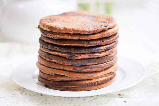 Stack of Homemade Chocolate Pancakes for Breakfast