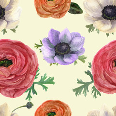 Watercolor seamless pattern with ranunculus and anemones. Hand drawn floral illustration with vintage background. Botanical illustration. For design, textile and background.