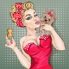Pop art sexy woman portrait. Pin-up girl with little dog Yorkshire terrier - 108454511
