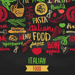 Vector Italian Menu Vector Template, with Various Groceries: Pasta, Vegetables, pizza and Mushrooms and hand drawn lettering.