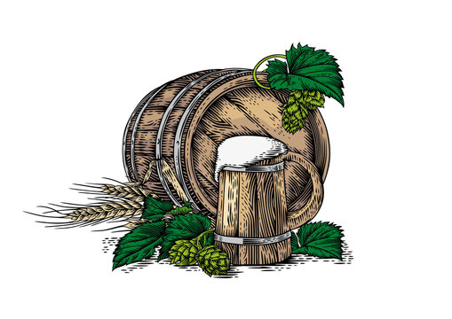 Wooden beer mug, wooden barrel, barley and hop