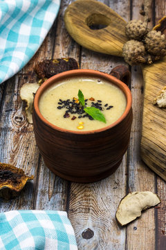 Homemade cream soup with dried wild mushrooms