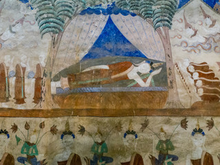 tradition Thai Painting on the wall of the church in the temple.