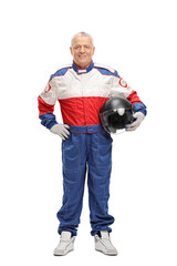 Mature man in racing suit holding helmet