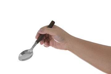 Male hand holding an empty spoon, composition isolated on white