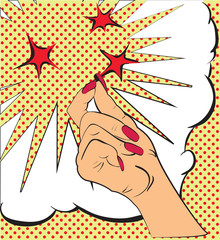 Gestures hand, a snap of the fingers, sparks of red stars. Sketch in style pop art, comics. Call attention and information using finger. Female hand made in pop art style, gesture