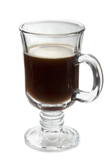 Glass of your favorite hot beverage - coffee, tea, mulled wine. On a white background, glassware, side view. A cup of black coffee for breakfast, strong espresso