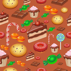 Candy, sweets and cakes seamless pattern background,  vector illustration