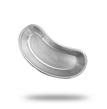 Stainless steel kidney-shaped bowl isolated on white background.