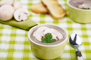 Mushroom ceam soup with bread with green tablecloth