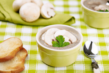 Mushroom ceam soup with bread with green tablecloth