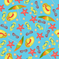 seamless pattern for a summer theme with slippers, umbrella, glasses, hats, starfish and seashells