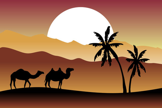 desert landscape with camels and palm trees at sunset vector