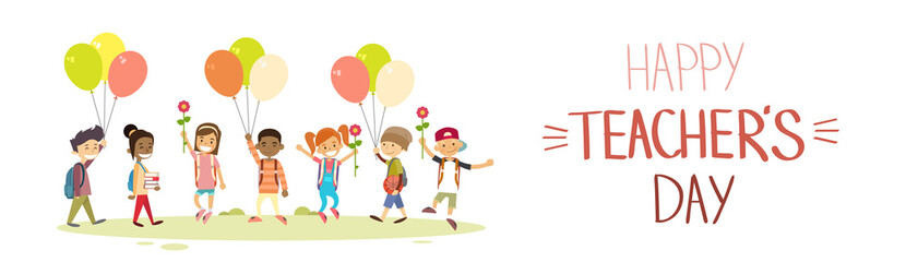 Fototapeta premium Teacher Day School Children Group Hold Flowers Balloons Holiday Greeting Card