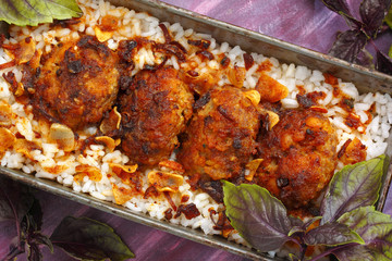 Roasted meatballs and rice