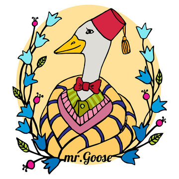 colorful cartoon portrait character of an intelligent goose clothing in the fez and bowtie vector illustration
