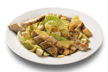 Caesar salad with croutons and grilled chicken.