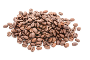 Coffee grains and leaves isolated on the white backgrounds.