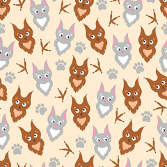 Background cute cartoon owl and cat . Adorable owl and cat, paw prints and claws. Background for children, baby.