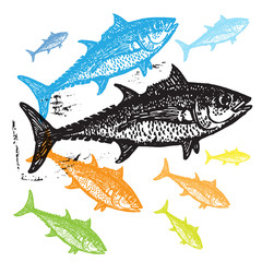 Vector Tuna fishes in abstract composition.