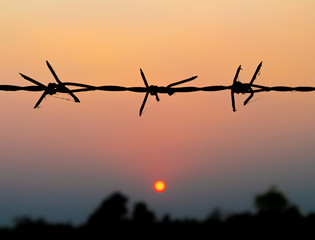 Fototapeta na wymiar Silhouette of Barbed wire with blur sunset background