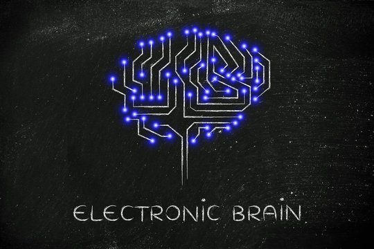 microchip circuit brain with led lights, caption electronic brai