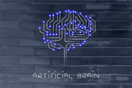 microchip circuit brain with led lights, caption artificial brai