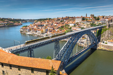 View of the historic city of Porto, Portugal with the Dom Luiz b