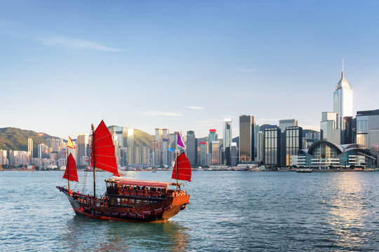 Sailing ship and skyscrapers in downtown of Hong Kong