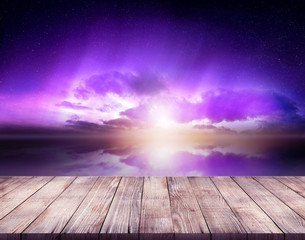 purple sky with wooden stand