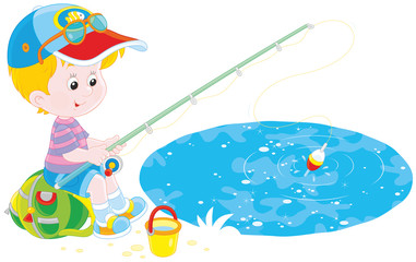 Obraz na płótnie Canvas Little fisher on a pond