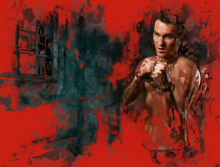 Fototapeta na wymiar horizontal portrait muscular young guy street-fighter