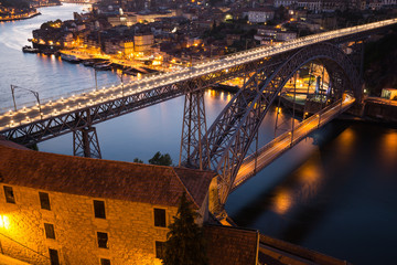 Night view of the historic city of Porto, Portugal with the Dom