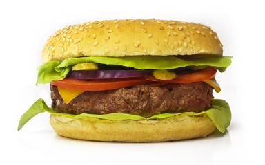 Studio photo of beefburger, isolated on white
