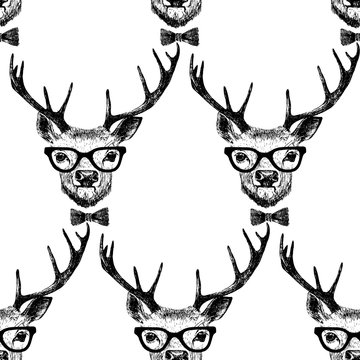 Seamless with hand drawn dressed up deer 