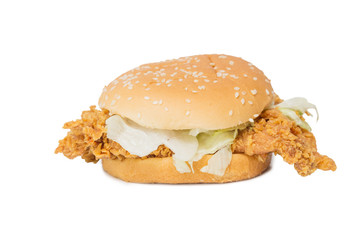Crisp chicken burger with lettuce isolated on white