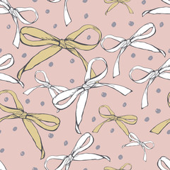 Vector seamless pink pattern with hand drawn bow ribbons. Doodle holiday illustration with white and golden bow ribbons. Design for fashion textile print, wrapping, web background, gift cards.
