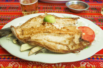 Grill fish plate in a bolivian restaurant