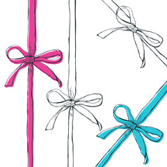 Set of vector hand drawn outline bow ribbons, isolated on white background. Black, white, pink, blue doodle bows and ribbons. Gift, holiday, decoration symbol and design elements.

