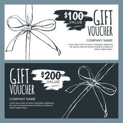 Vector gift voucher template with hand drawn outline bow ribbons. Black and white doodle holiday cards. Design concept for gift coupon, invitation, certificate, flyer, banner, ticket.