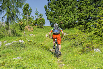 Naklejka na ściany i meble Bike traveler rides a single trail in the mountains