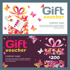 Vector gift voucher template with gift box and butterflies. Summer or spring holiday card. Abstract background. Concept for boutique, floral shop, beauty salon, spa, fashion, flyer, banner design.