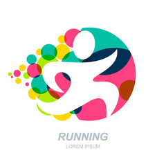 Abstract running man silhouette on multicolor dots background. Vector human logo, emblem, icon, label design elements. Concept for sports club, fitness, competition, marathon and healthy lifestyle.