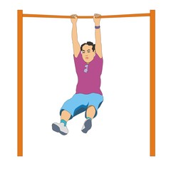  father like a healthy lifestyle, morning exercises, hanging on a horizontal bar